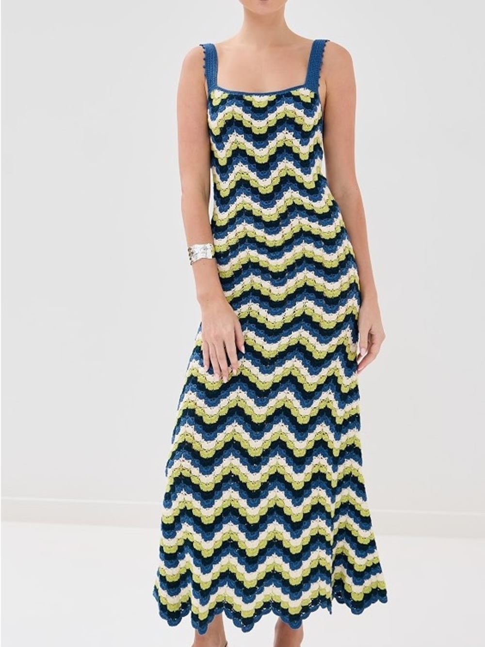 Chevron Crochet Maxi Dress in Navy Blue and Lime